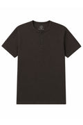 Dark brown Henley with buttoned placket and short sleeves
