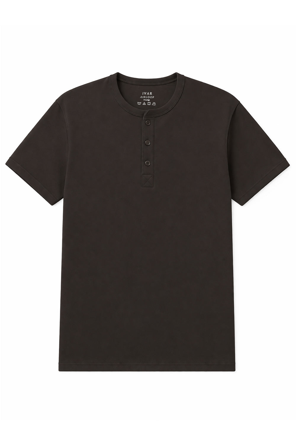 Dark brown Henley with buttoned placket and short sleeves
