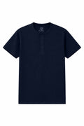 Navy blue Henley with buttoned placket and short sleeves
