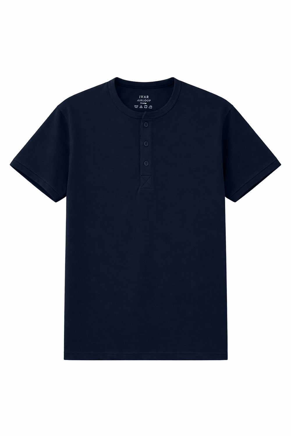 Navy blue Henley with buttoned placket and short sleeves

