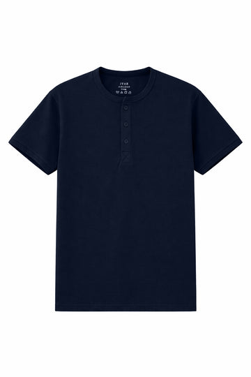 Navy blue Henley with buttoned placket and short sleeves

