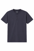 Charcoal navy Henley with buttoned placket and short sleeves
