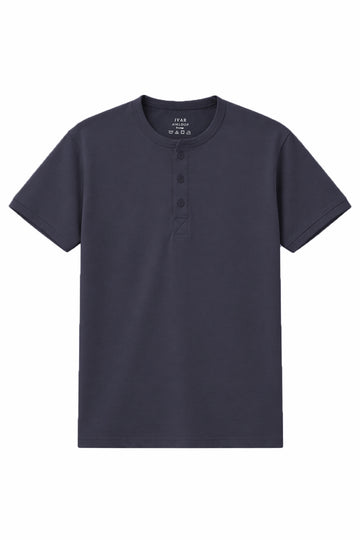 Charcoal navy Henley with buttoned placket and short sleeves

