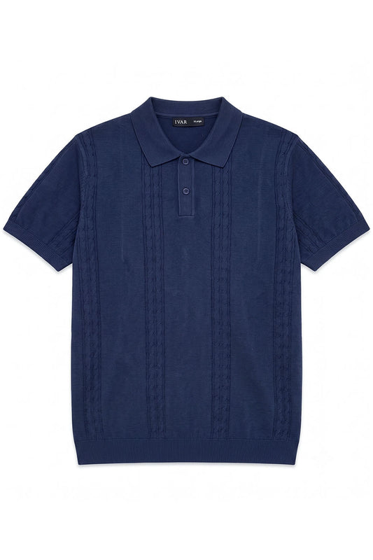 IVAR Navy Heritage Cable Knit Polo - Front Flat Lay - IVAR Clothing 