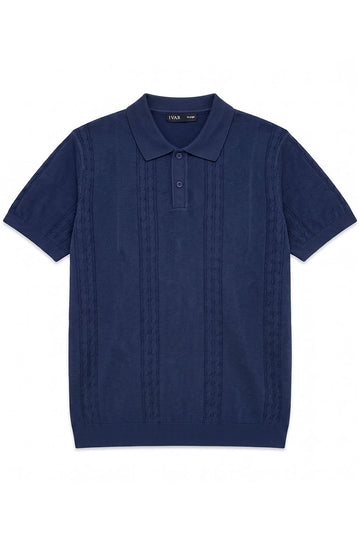 IVAR Navy Heritage Cable Knit Polo - Front Flat Lay - IVAR Clothing