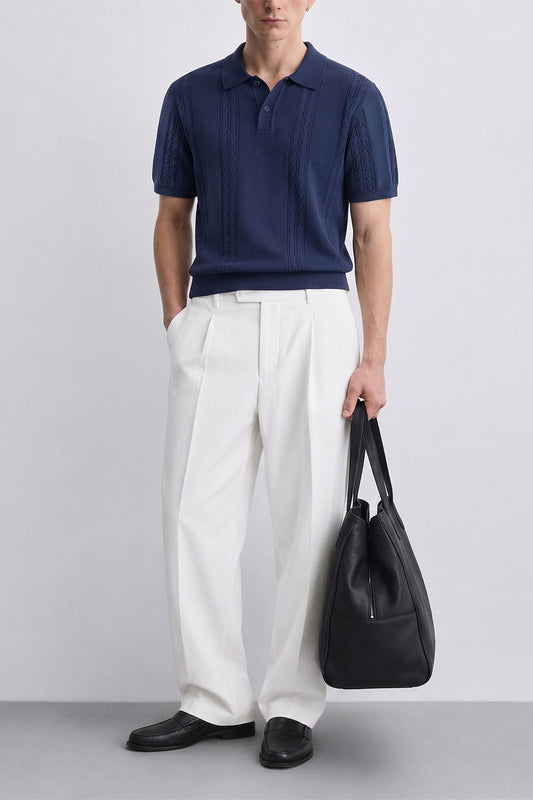 IVAR Navy Heritage Cable Knit Polo - Model Wearing, Front View - IVAR Clothing