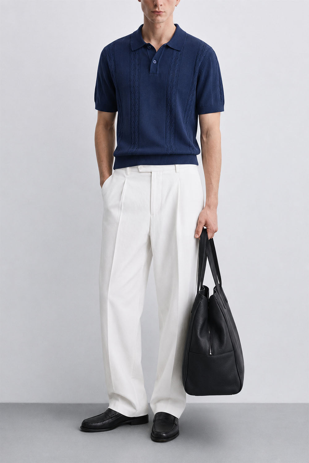 IVAR Navy Heritage Cable Knit Polo - Model Wearing, Front View - IVAR Clothing