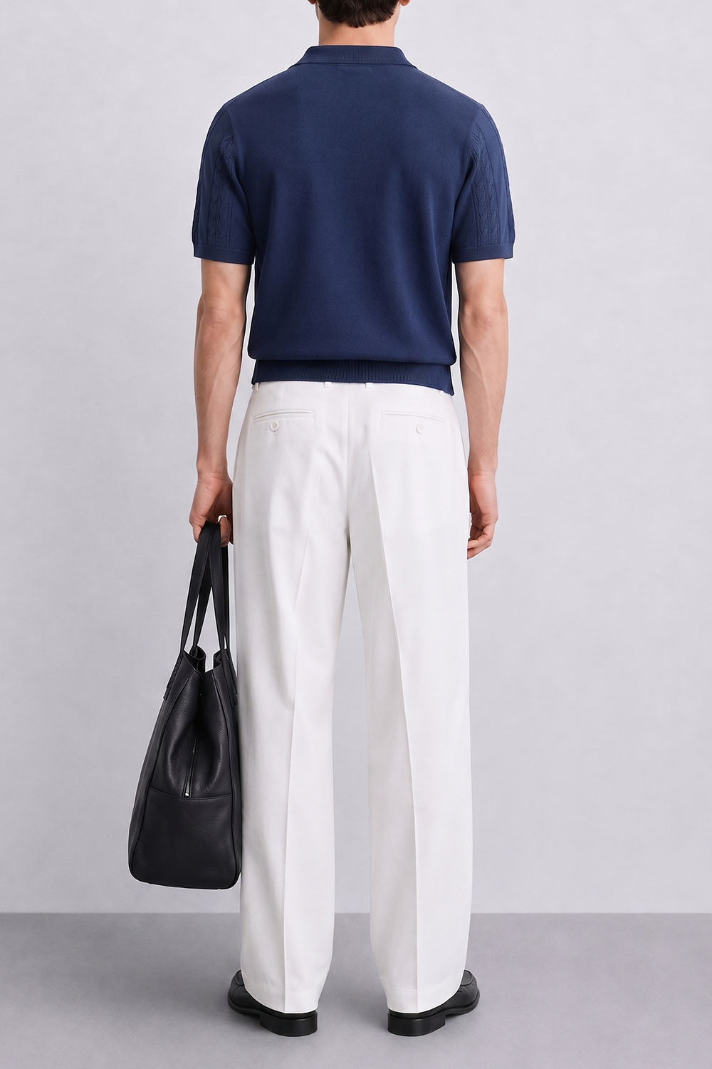   IVAR Navy Heritage Cable Knit Polo - Model Wearing, Back View - IVAR Clothing