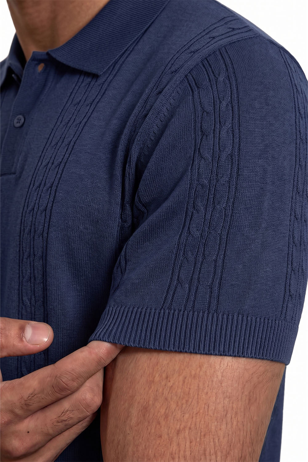 IVAR Navy Heritage Cable Knit Polo - Sleeve Close-Up Detail - IVAR Clothing