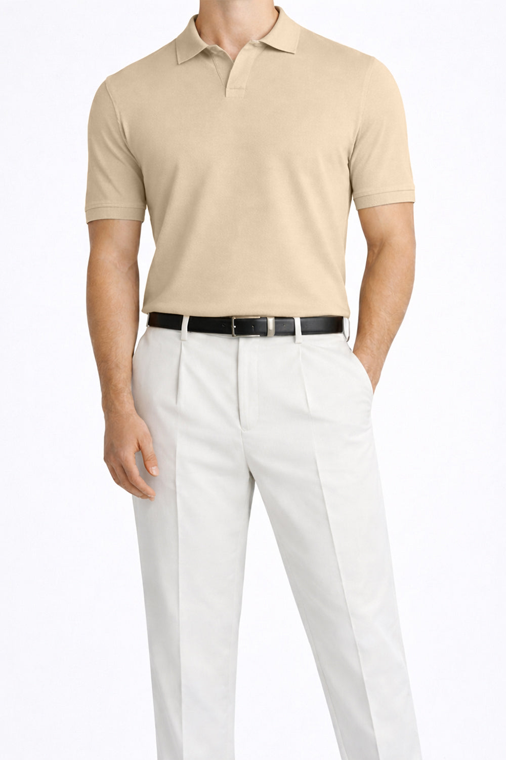 IVAR Beige Johnny Collar Polo – beige buttonless collar polo, view 2