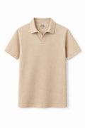 IVAR Beige Johnny Collar Polo – men's beige Johnny collar polo in stretch cotton blend