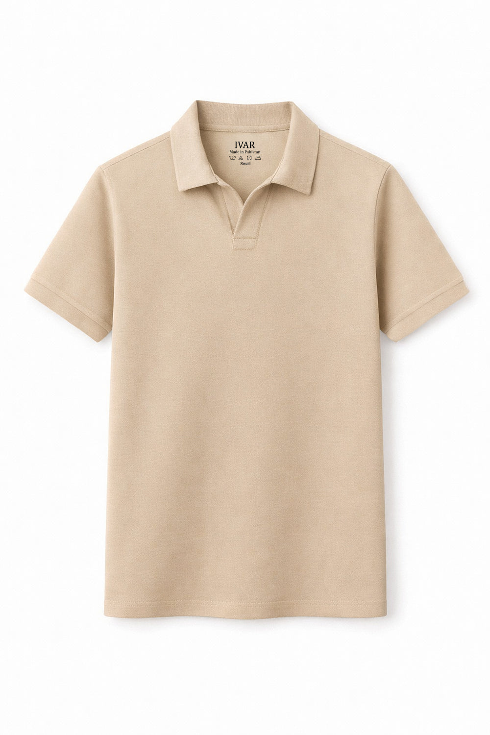 IVAR Beige Johnny Collar Polo – men's beige Johnny collar polo in stretch cotton blend