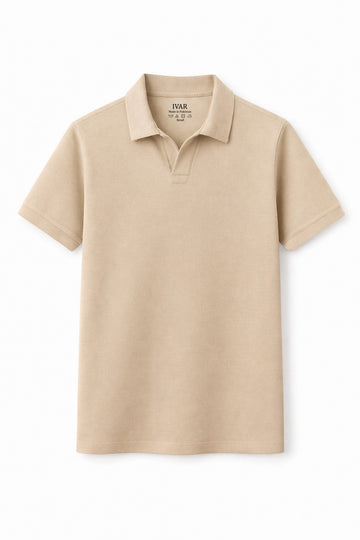 IVAR Beige Johnny Collar Polo – men's beige Johnny collar polo in stretch cotton blend