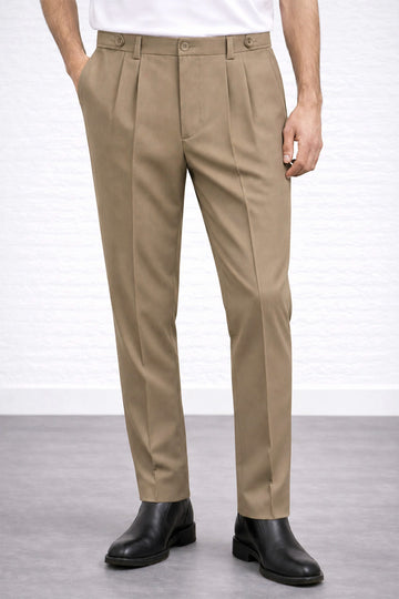 IVAR Khaki Adjustable Pleated Pants – model wearing with white tee and black boots