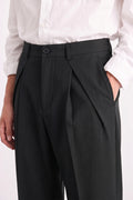 Black Tailored Pants Knife Pleat and Waist Close-Up Detail