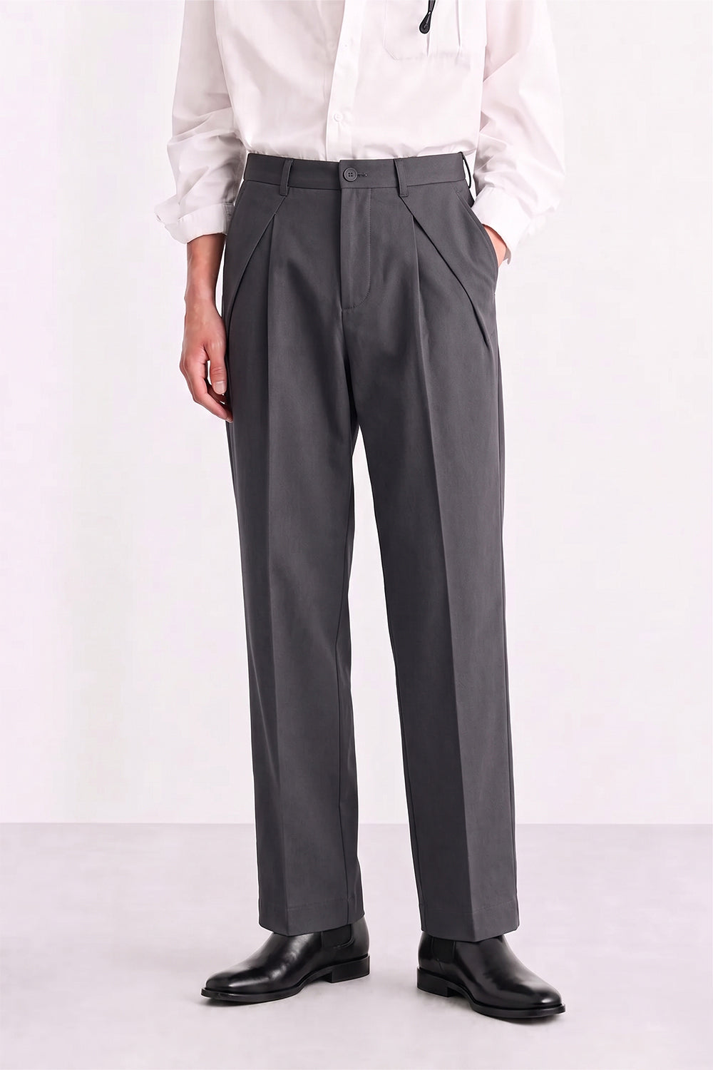 Militia Green Pleated Tailored Pants  Full Length Front Styled with White Shirt
