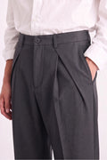 Militia Green Tailored Pants Knife Pleat and Waist Close-Up Detail