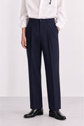 Navy Blue Pleated Tailored Pants Full Length Front Styled with White Shirt
