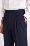 Navy Blue Tailored Pants Knife Pleat and Waist Close-Up Detail