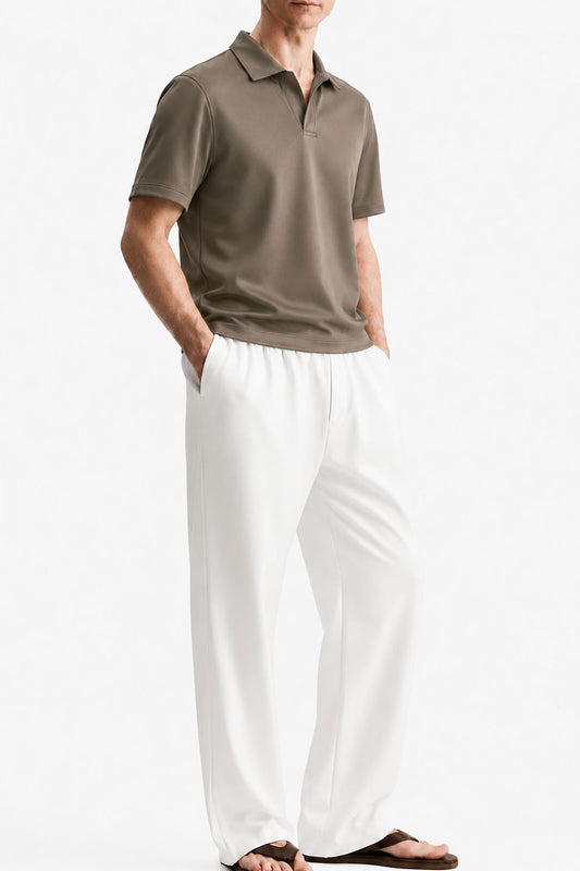 IVAR Brown Light Scuba Polo - Model Wearing, Front View - IVAR Clothing