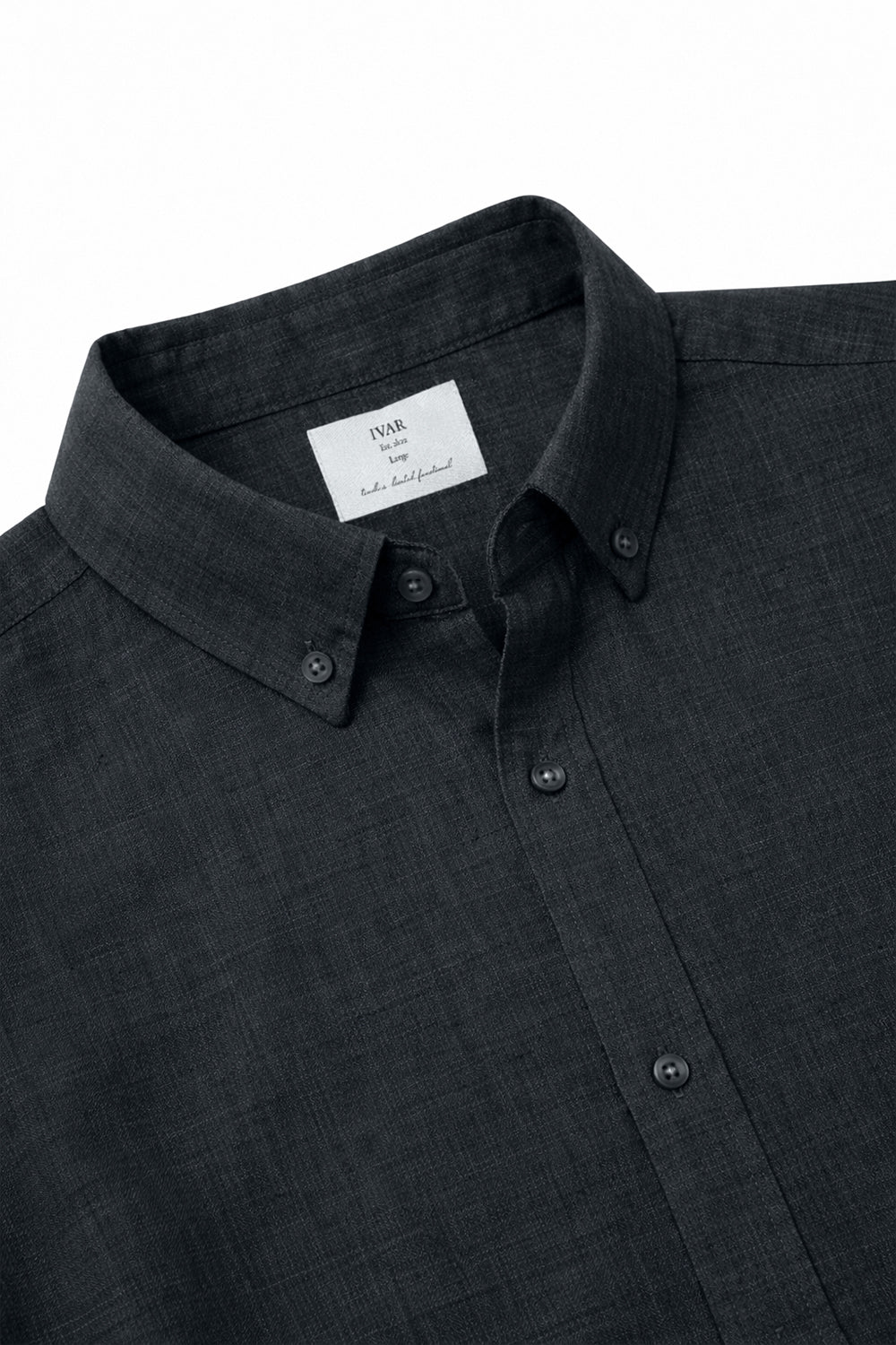 IVAR Charcoal Linen Shirt - Close-Up Collar Detail - IVAR Clothing