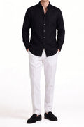 Men's Black Textured Button Down Shirt  Full Length Front Styled with White Trousers