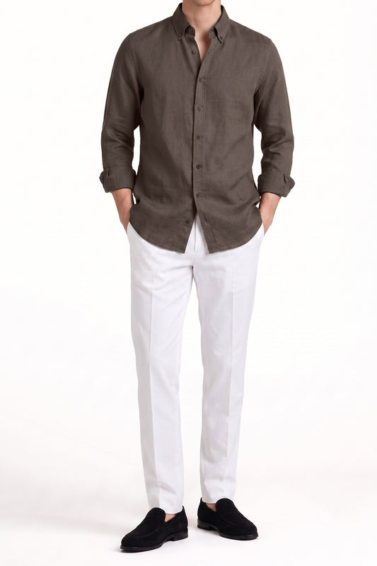 IVAR® Brown Linen Texture Buttondown Shirt