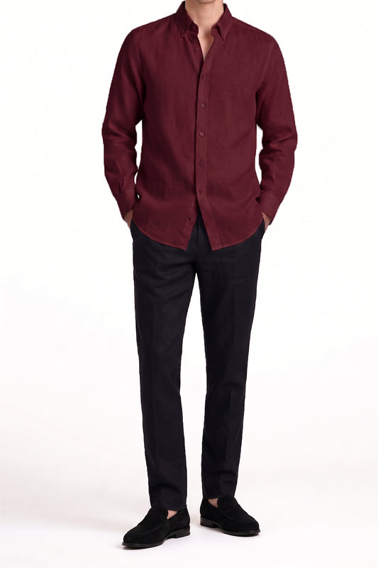 IVAR® Maroon Linen Texture Buttondown Shirt