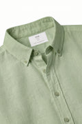 Olive Linen Textured Button Down Shirt  Collar and Cuff Close-Up Detail