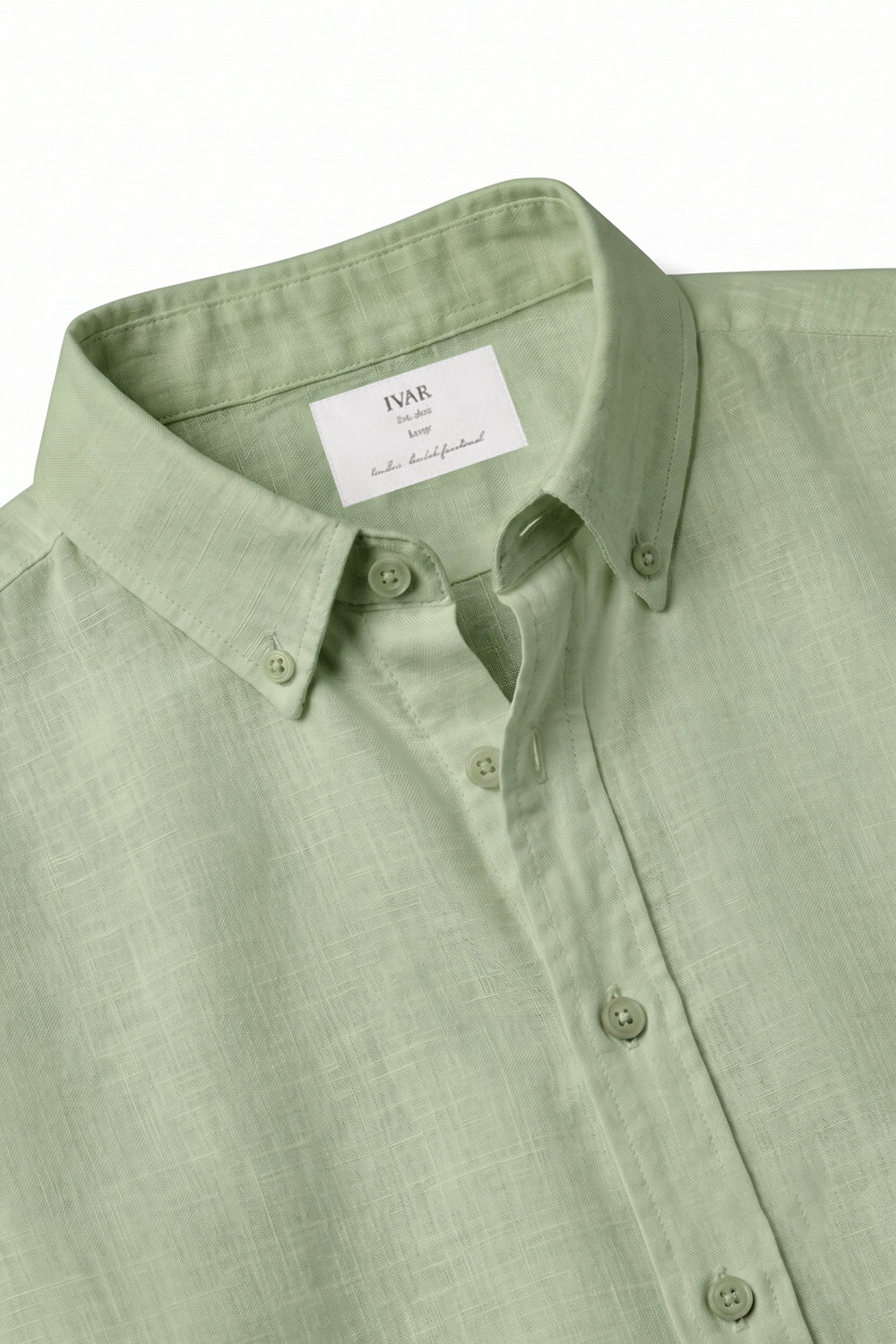 Olive Linen Textured Button Down Shirt  Collar and Cuff Close-Up Detail