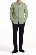 Olive Linen  Textured Button Down Shirt – Full Length Front Styled with Black Trousers