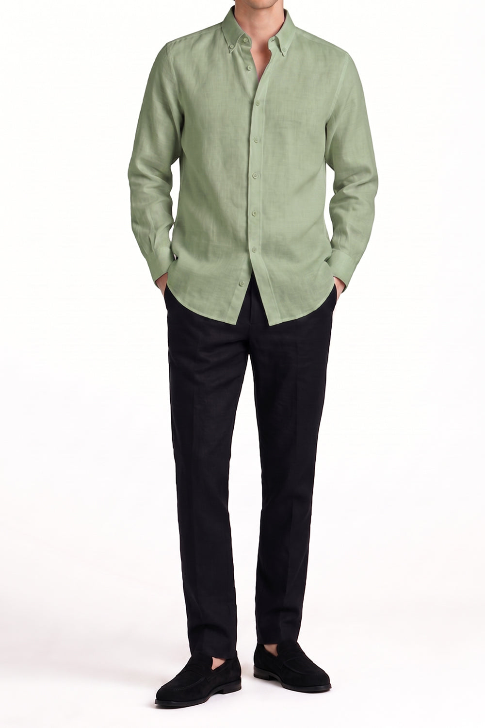 Olive Linen  Textured Button Down Shirt – Full Length Front Styled with Black Trousers