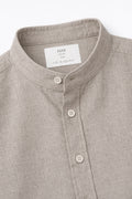 Close-up of Collar Linen Shirt showing band collar and button placket detail