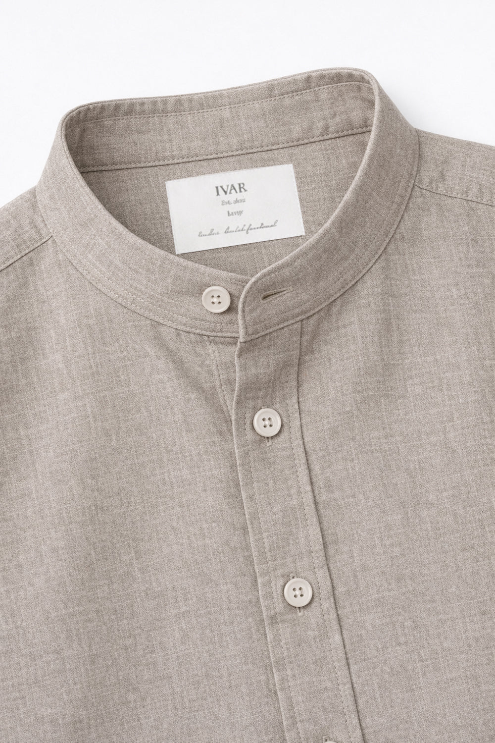 Close-up of Collar Linen Shirt showing band collar and button placket detail