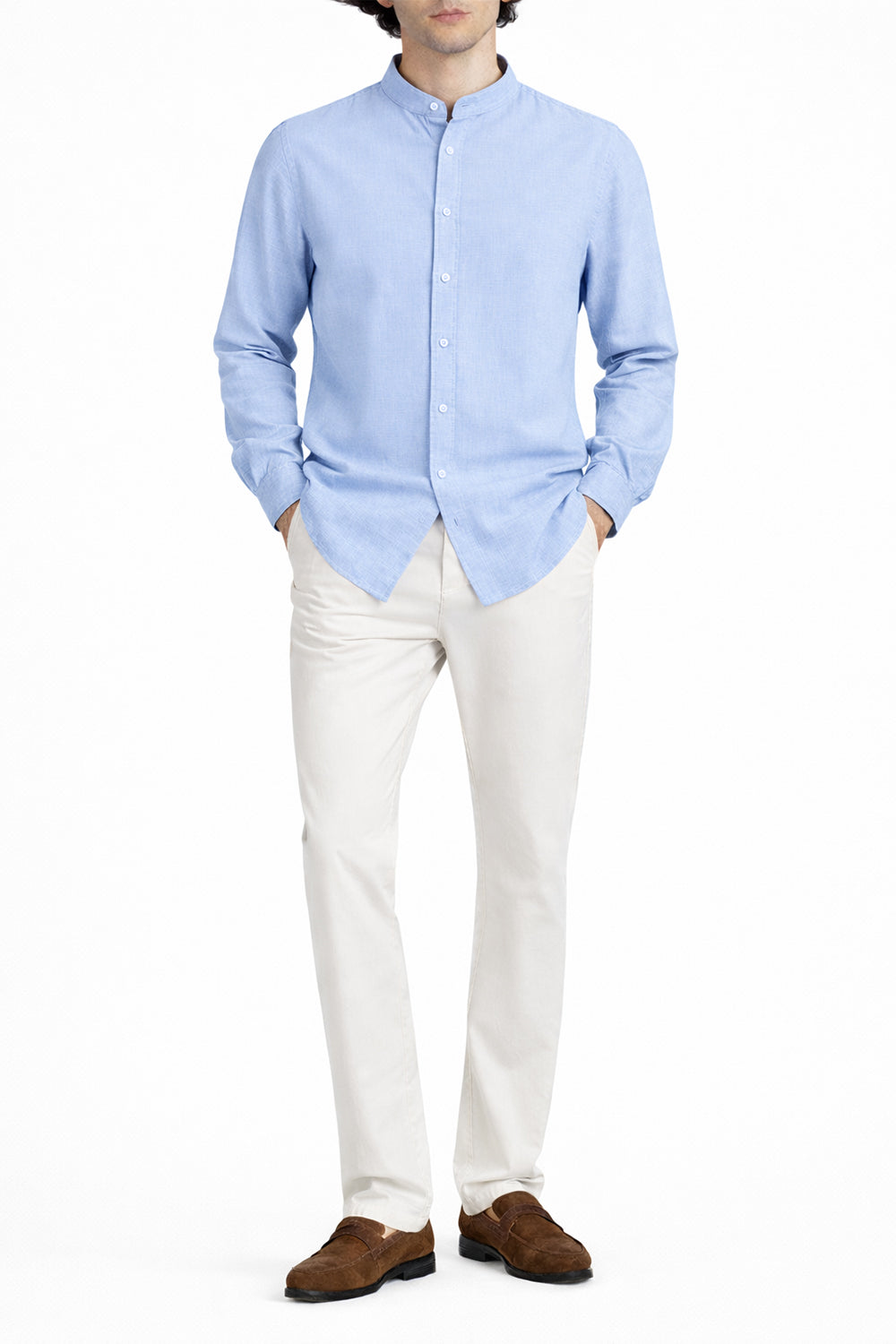 Man wearing sky blue Collar Linen Shirt 
