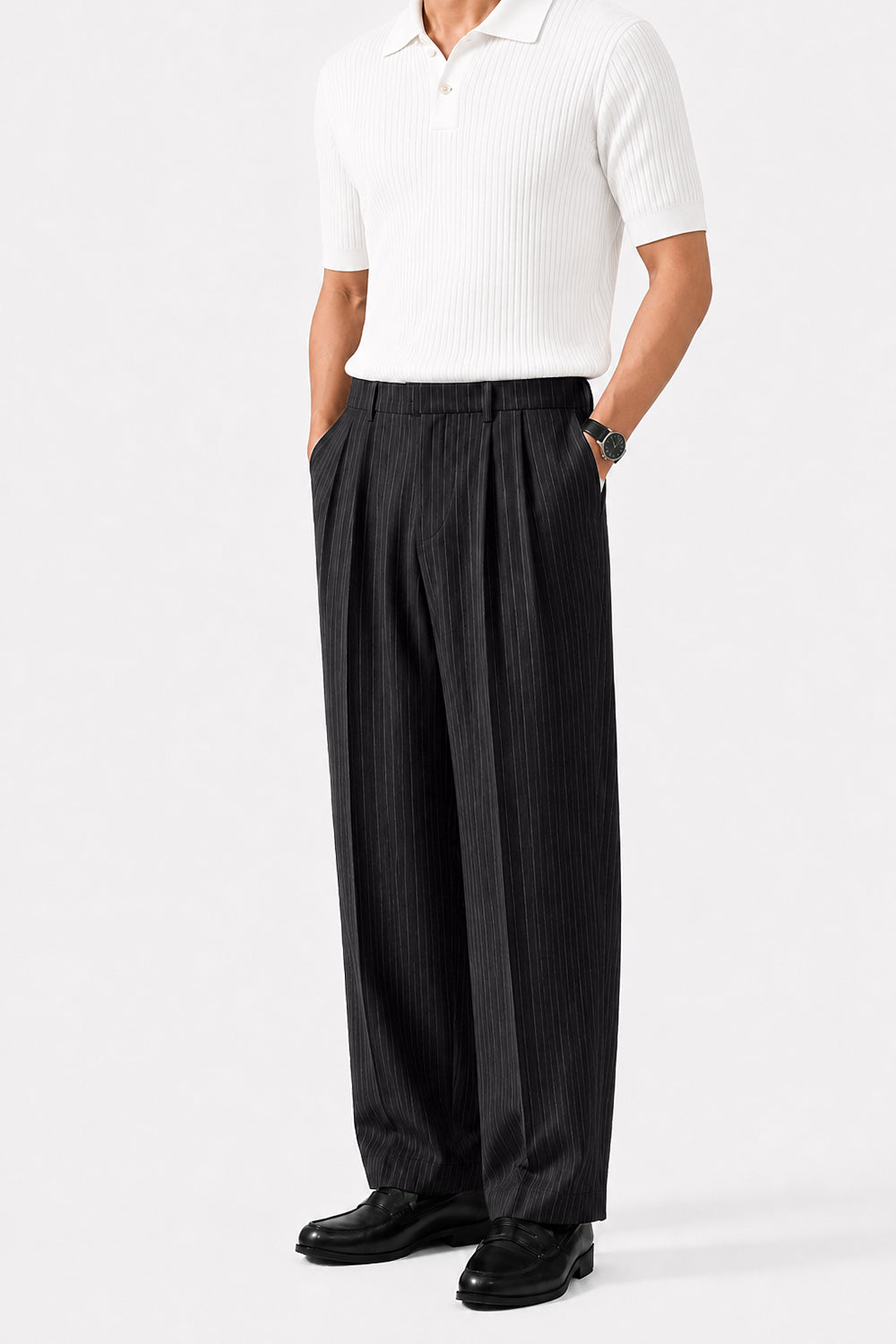 IVAR Bistre Luxe Pinstripe Pant - Styled Outfit View - IVAR Clothing