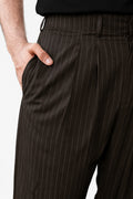 IVAR Brown Luxe Pinstripe Pant - Close-Up Waistband Detail - IVAR Clothing