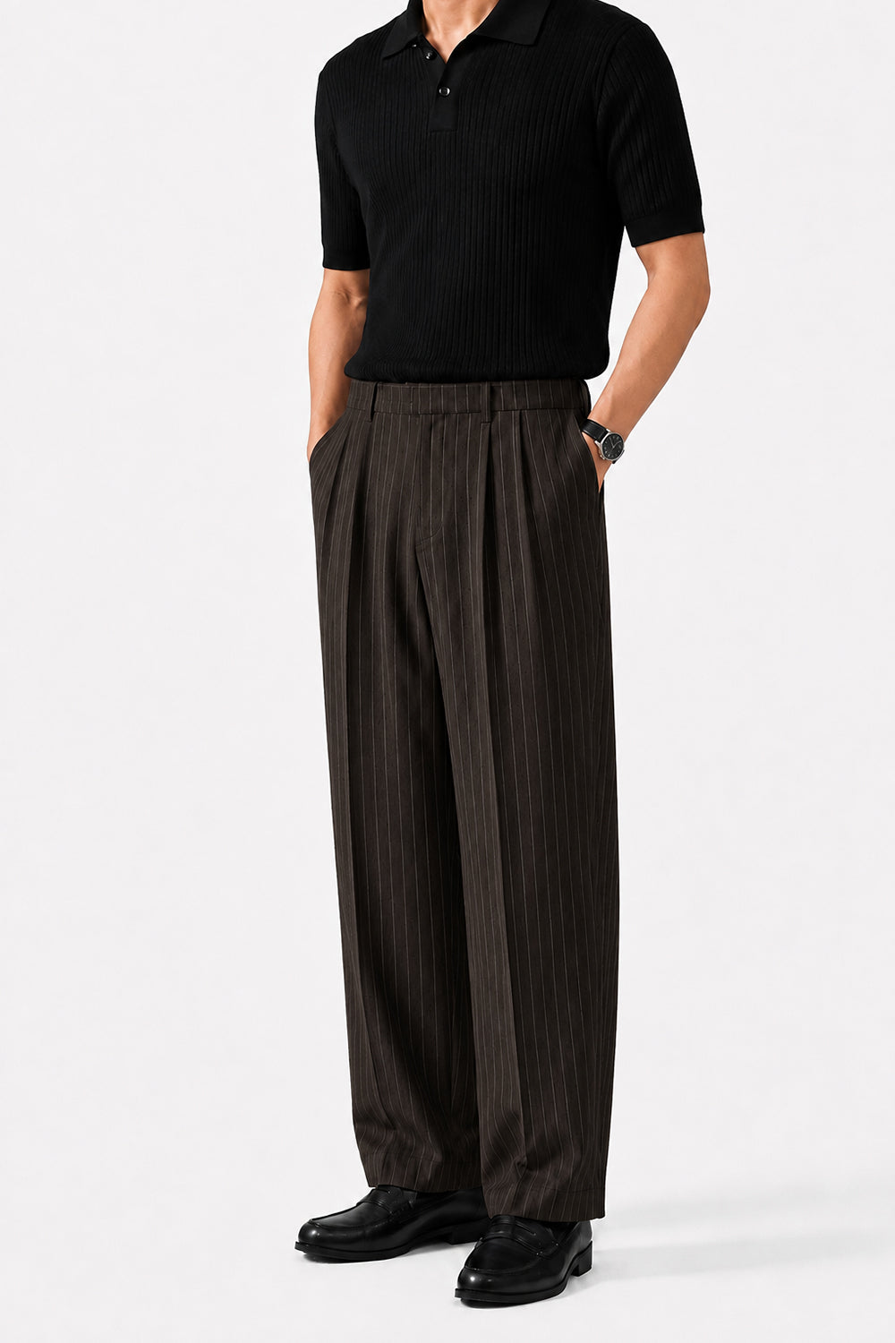 IVAR Brown Luxe Pinstripe Pant - Styled Outfit View - IVAR Clothing