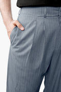 IVAR Graphite Blue Luxe Pinstripe Pant - Close-Up Waistband Detail - IVAR Clothing