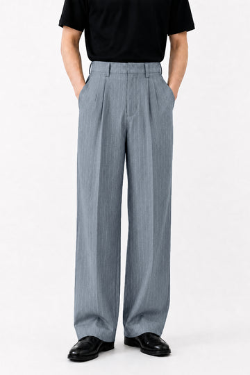 IVAR Graphite Blue Luxe Pinstripe Pant - Full Length Model View - IVAR Clothing