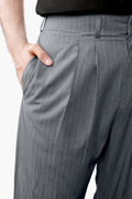 IVAR Heather Grey Luxe Pinstripe Pant - Close-Up Waistband Detail - IVAR Clothing