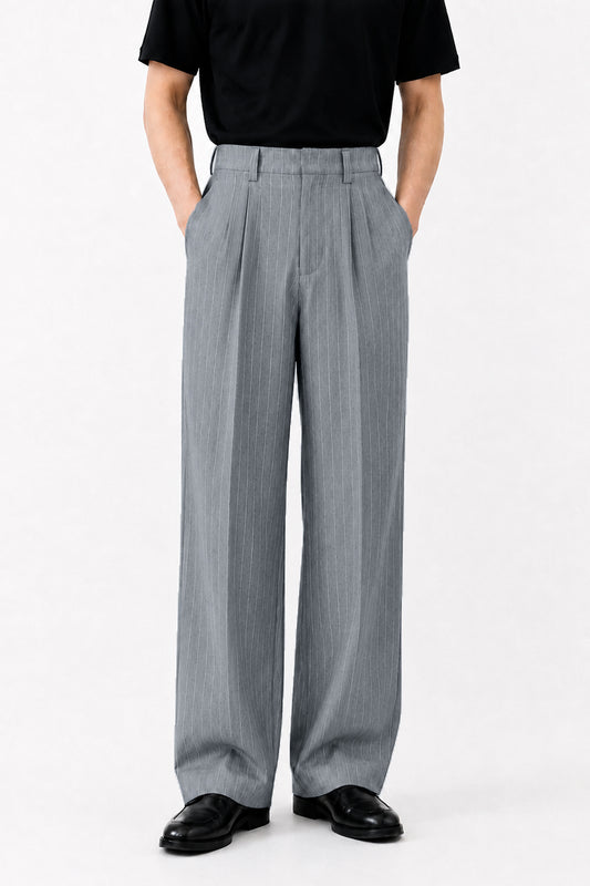 IVAR Heather Grey Luxe Pinstripe Pant - Full Length Model View - IVAR Clothing
