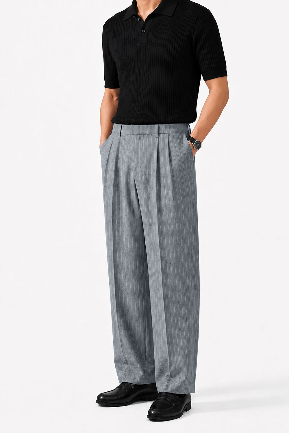 IVAR Heather Grey Luxe Pinstripe Pant - Styled Outfit View - IVAR Clothing