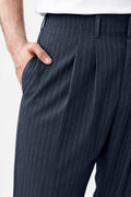 IVAR Navy Luxe Pinstripe Pant - Close-Up Waistband Detail - IVAR Clothing