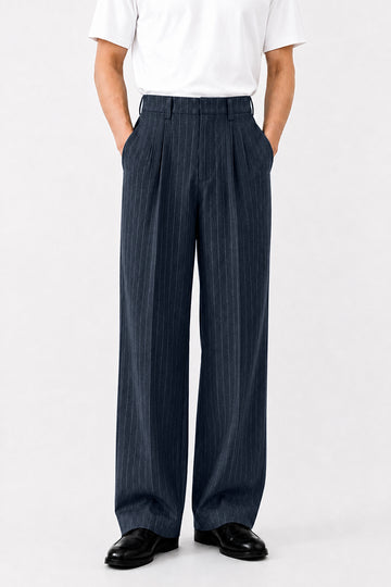 IVAR Navy Luxe Pinstripe Pant - Full Length Model View - IVAR Clothing