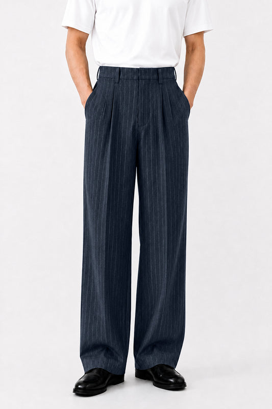 IVAR Navy Luxe Pinstripe Pant - Full Length Model View - IVAR Clothing