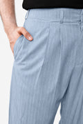 IVAR Sky Luxe Pinstripe Pant - Close-Up Waistband Detail - IVAR Clothing