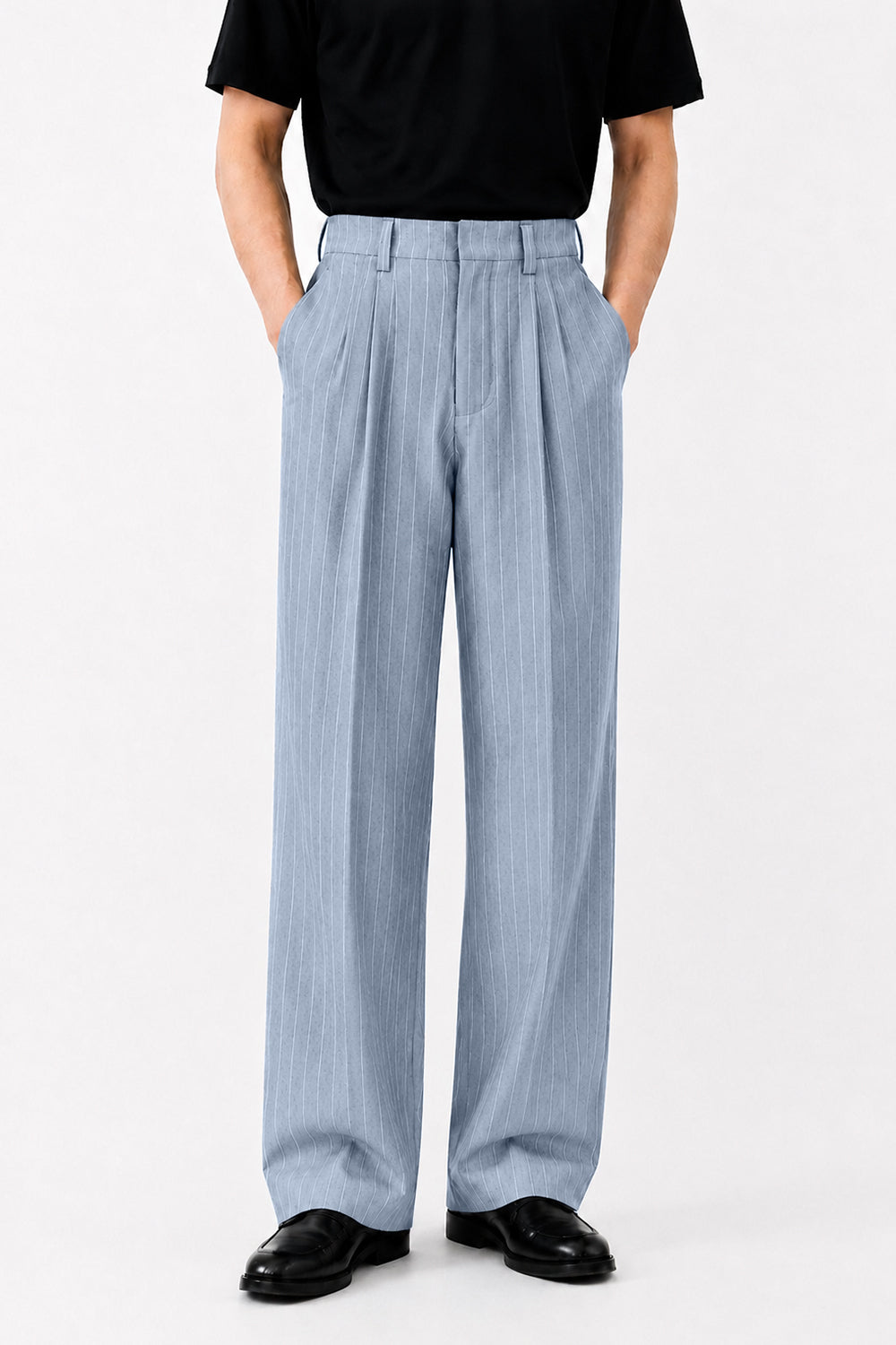 IVAR Sky Luxe Pinstripe Pant - Full Length Model View - IVAR Clothing