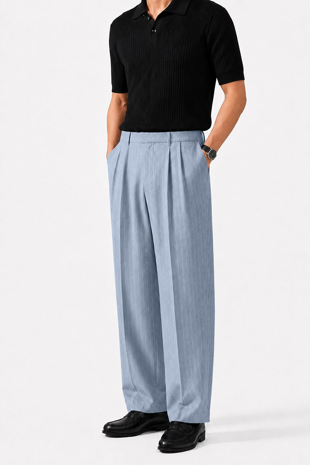IVAR Sky Luxe Pinstripe Pant - Styled Outfit View - IVAR Clothing