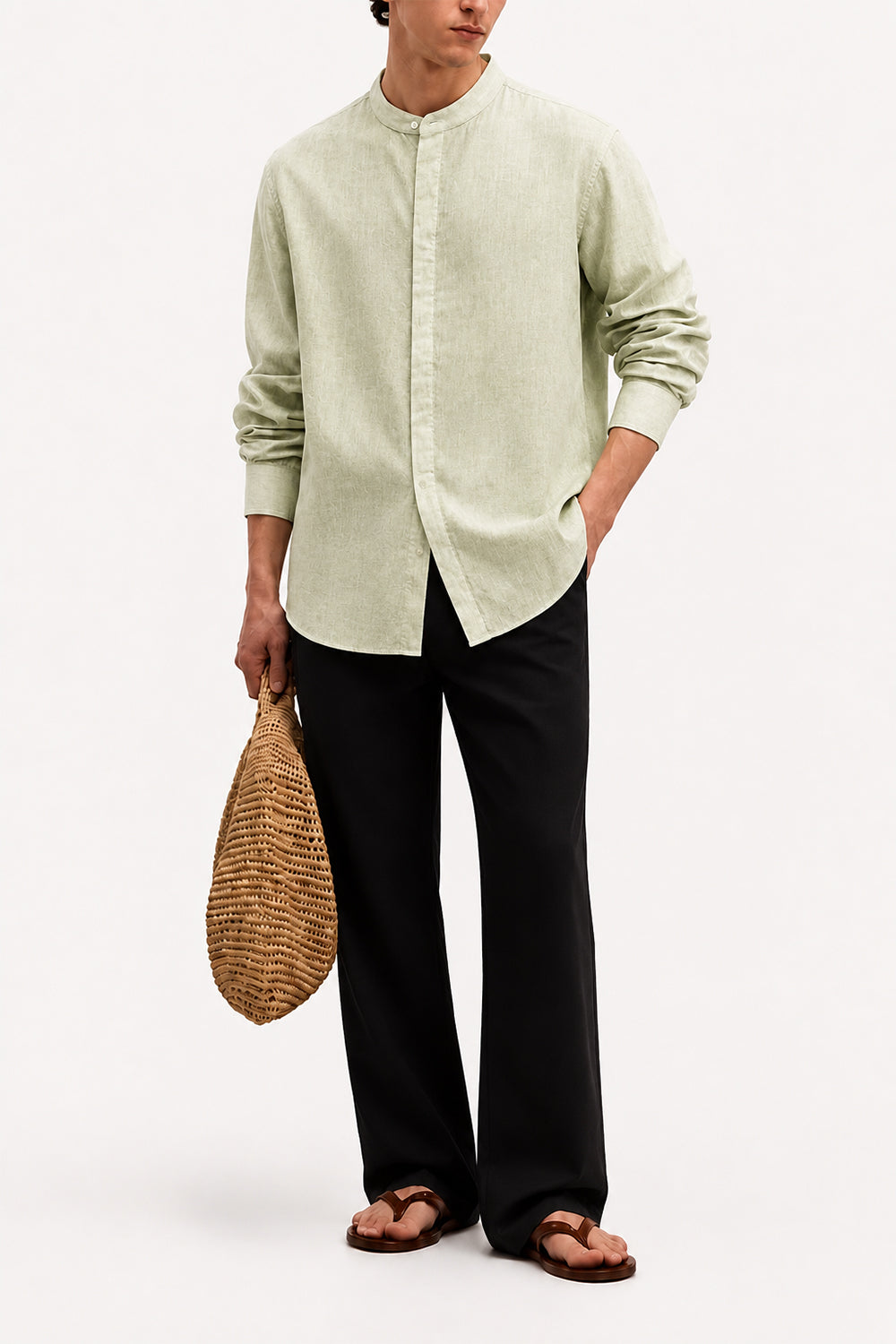 IVAR Lime Mandarin Collar Linen Buttondown - Model Wearing - IVAR Clothing